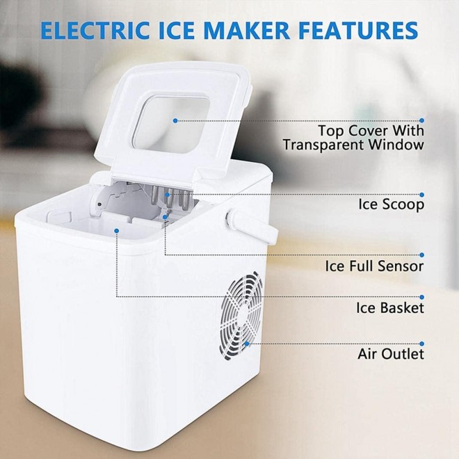 Ice Maker Countertop with Ice Scoopand Basket, Portable and Compact Ice Maker Machine,26lbs 24Hrs, 9 Cubes Ready in 7mins,Ice Scoop and Basket for Home Kitchen Office Bar Party, Black&White (White)