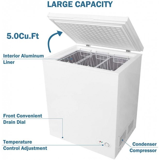 5.0 Cubic Feet Chest Freezer with Removable Basket, from 6.8℉ to -4℉ Free Standing Compact Fridge Freezer for Home/Kitchen/Office/Bar (WHITE)