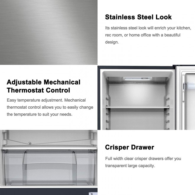 Galanz GLR74BS1E04 Bottom Refrigerator, Adjustable Mechanical Thermostat with True Freezer, Versatile Door Storage, 7.4 Cu.Ft, Stainless Steel Look