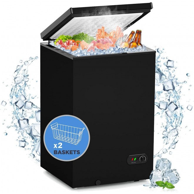 WATOOR 3.5 Cu.ft Chest Freezer Small Deep Freezer Mini Outdoor Chest Freezers Upright with 2 Removable Baskets 7 Temperature Settings Black