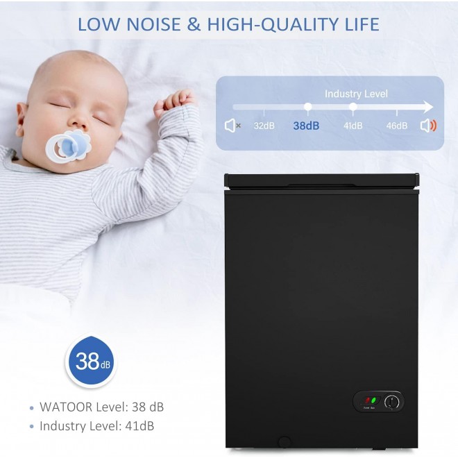 WATOOR 3.5 Cu.ft Chest Freezer Small Deep Freezer Mini Outdoor Chest Freezers Upright with 2 Removable Baskets 7 Temperature Settings Black