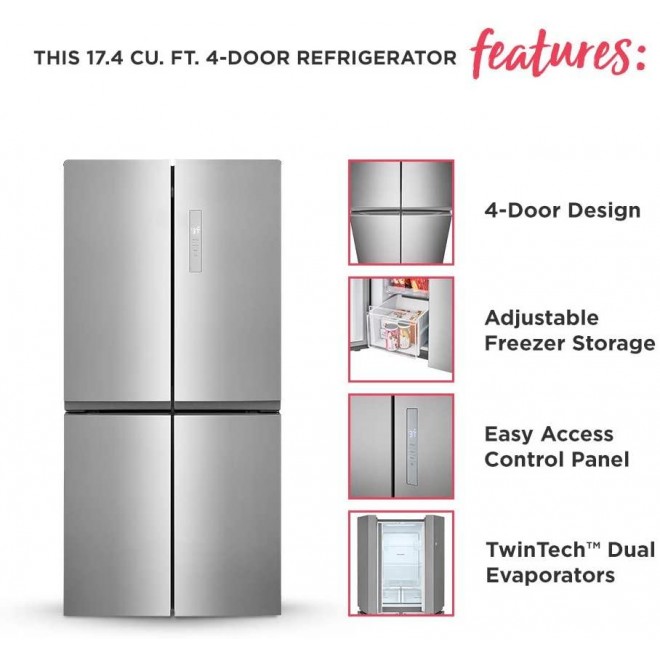 Frigidaire 17.4 Cu. Ft. 4 Door Refrigerator in Brushed Steel with Adjustable Freezer Storage