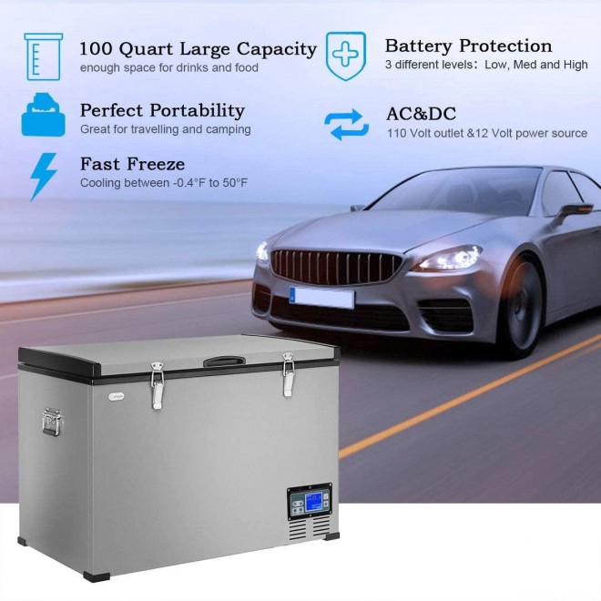 COSTWAY Chest Freezer, 100-Quart Compressor Travel Car Freezer, -0.4°F to 50°F, Portable and Compact Vehicle Electric Cooler Fridge, for Meat, Vegetable and Drinks, for Car, Home, Camping, Truck Party