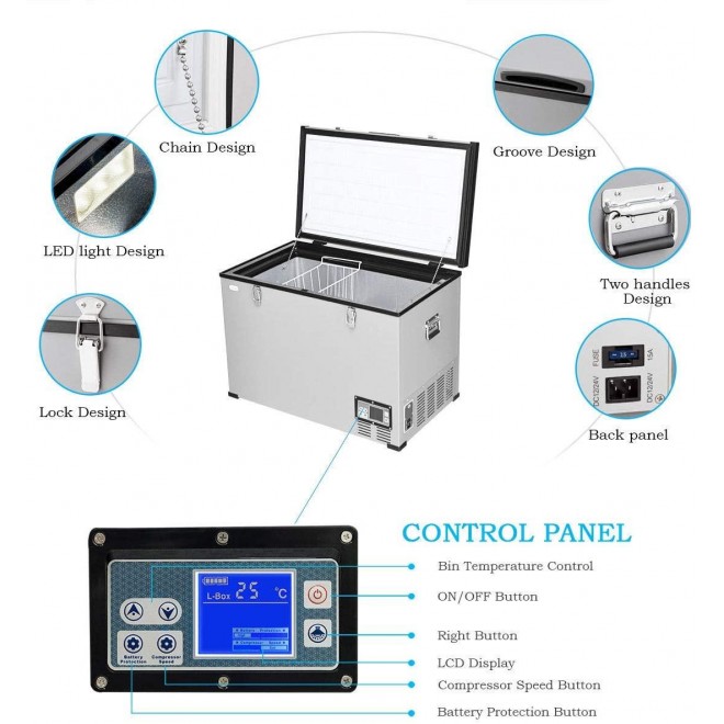 COSTWAY Chest Freezer, 100-Quart Compressor Travel Car Freezer, -0.4°F to 50°F, Portable and Compact Vehicle Electric Cooler Fridge, for Meat, Vegetable and Drinks, for Car, Home, Camping, Truck Party