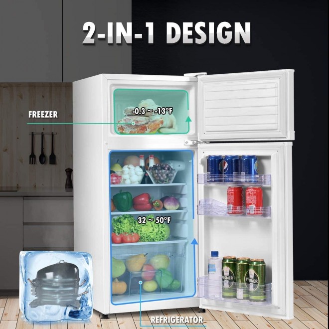 Ererboom 3.4 Cu.Ft Mini Refrigerator, Double Door Compact Fridge w/Adjustable Removable Glass Shelves, Mechanical Control & Recessed Handle Small Drink Cooler for Dorm/Office/Home/RV (White)