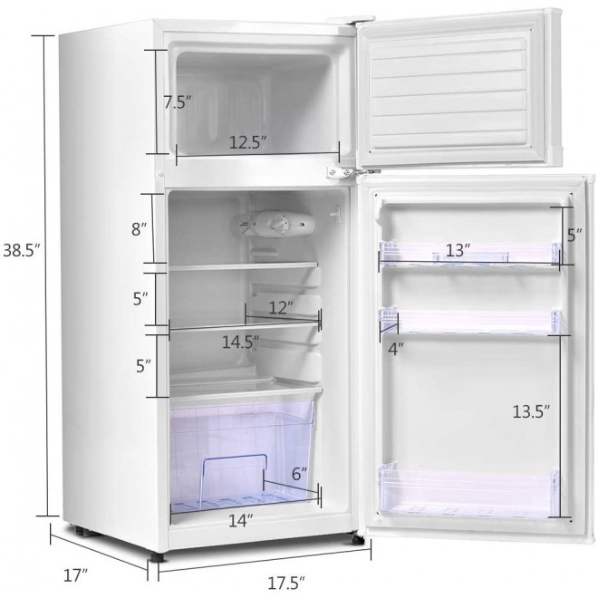 Ererboom 3.4 Cu.Ft Mini Refrigerator, Double Door Compact Fridge w/Adjustable Removable Glass Shelves, Mechanical Control & Recessed Handle Small Drink Cooler for Dorm/Office/Home/RV (White)