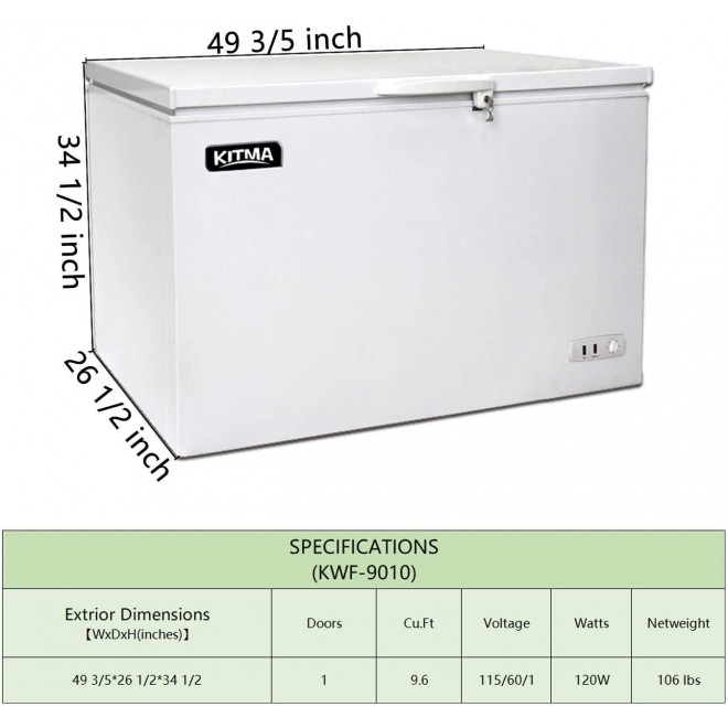 Commercial Chest Freezer - Kitma 9.6 Cu. Ft Deep Ice Cream Freezer with 2 Storage Baskets, Adjustable Thermostat, Lock,Rollers, White