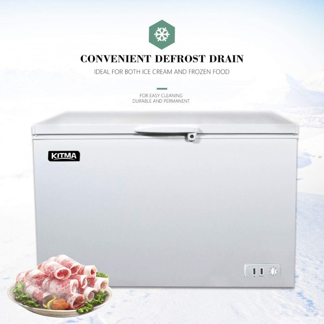 Commercial Chest Freezer - Kitma 9.6 Cu. Ft Deep Ice Cream Freezer with 2 Storage Baskets, Adjustable Thermostat, Lock,Rollers, White