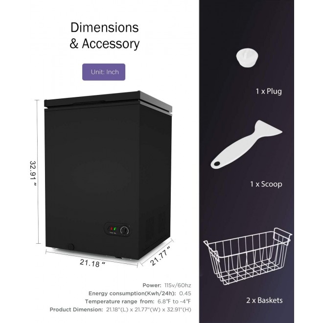 COOLHOME 3.5 Cubic Feet Chest Freezer with Removable Basket, from 6.8℉ to -4℉ Free Standing Compact Fridge Freezer for Home/Kitchen/Office/Bar (Black, 3.5 Cu.ft.-normal)