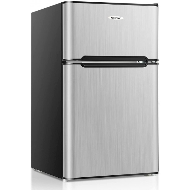 COSTWAY Compact Refrigerator, 2 Reversible Door 3.3 CU.FT. Mini Fridge and Freezer Compartment with Adjustable Thermostat & Removable Glass Shelves for Dorm Apartment Office (Sliver)