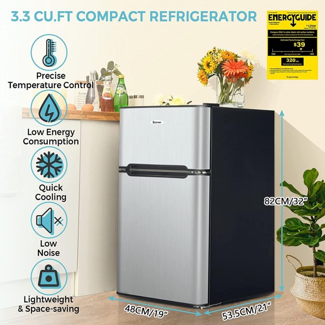 COSTWAY Compact Refrigerator, 2 Reversible Door 3.3 CU.FT. Mini Fridge and Freezer Compartment with Adjustable Thermostat & Removable Glass Shelves for Dorm Apartment Office (Sliver)