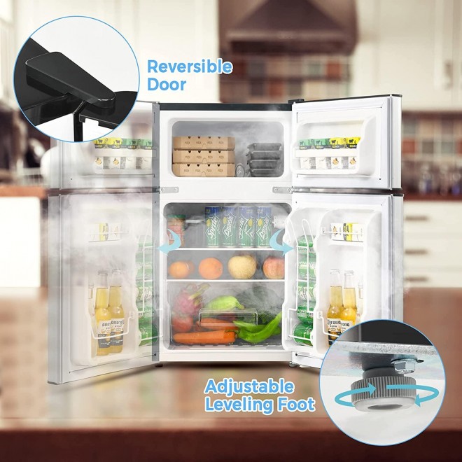 COSTWAY Compact Refrigerator, 2 Reversible Door 3.3 CU.FT. Mini Fridge and Freezer Compartment with Adjustable Thermostat & Removable Glass Shelves for Dorm Apartment Office (Sliver)