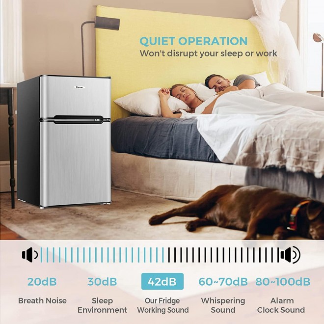 COSTWAY Compact Refrigerator, 2 Reversible Door 3.3 CU.FT. Mini Fridge and Freezer Compartment with Adjustable Thermostat & Removable Glass Shelves for Dorm Apartment Office (Sliver)