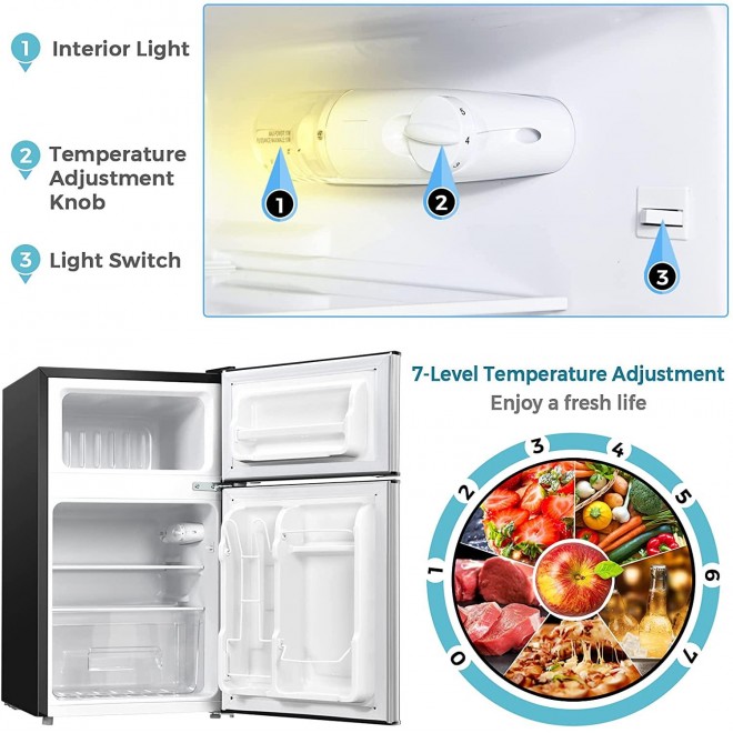 COSTWAY Compact Refrigerator, 2 Reversible Door 3.3 CU.FT. Mini Fridge and Freezer Compartment with Adjustable Thermostat & Removable Glass Shelves for Dorm Apartment Office (Sliver)