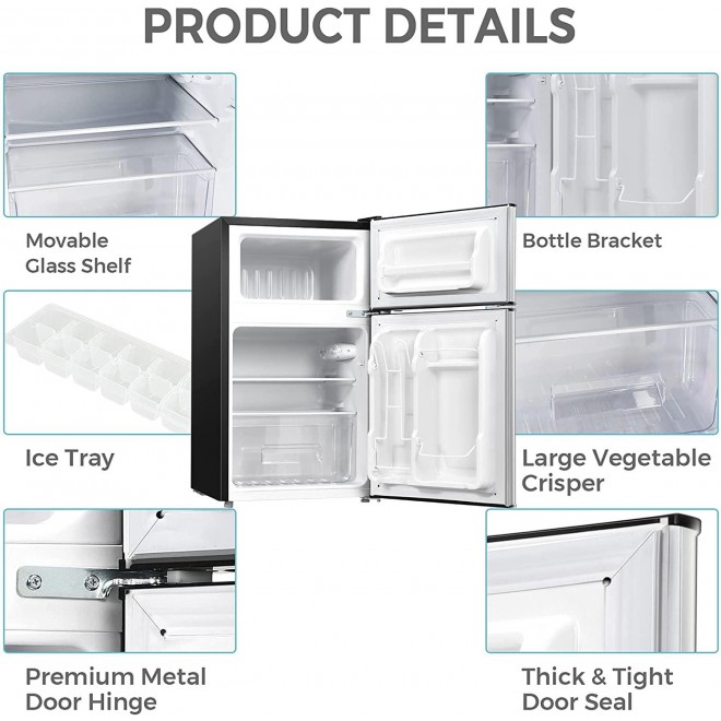 COSTWAY Compact Refrigerator, 2 Reversible Door 3.3 CU.FT. Mini Fridge and Freezer Compartment with Adjustable Thermostat & Removable Glass Shelves for Dorm Apartment Office (Sliver)