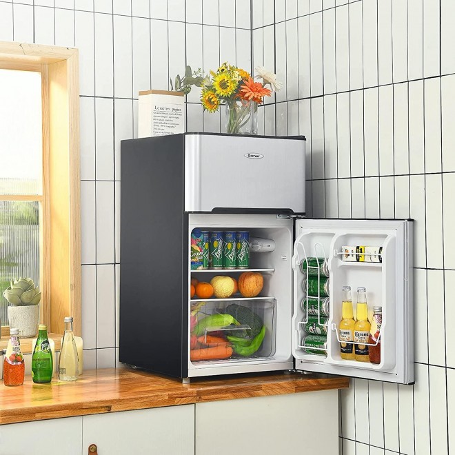 COSTWAY Compact Refrigerator, 2 Reversible Door 3.3 CU.FT. Mini Fridge and Freezer Compartment with Adjustable Thermostat & Removable Glass Shelves for Dorm Apartment Office (Sliver)