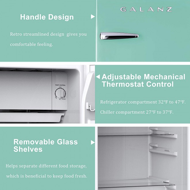 Galanz GLR33MGNR10 Retro Compact Refrigerator, Single Door Fridge, Adjustable Mechanical Thermostat with Chiller, Green, 3.3 Cu Ft