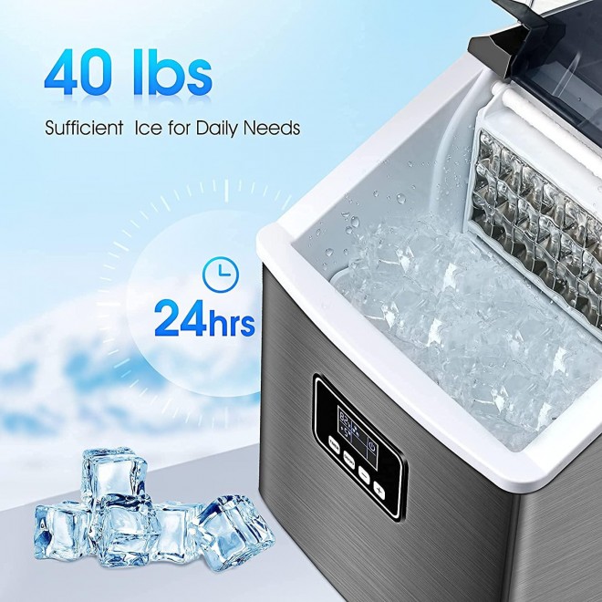 Ice Maker Machine Countertop,40Lbs/24H Auto Self-Cleaning,24 pcs Ice Cube in 13 Mins,Portable Compact Ice Cube Maker,Stainless Steel,With Ice Scoop & Basket,Perfect for Home/Kitchen/Office/Bar (Black)