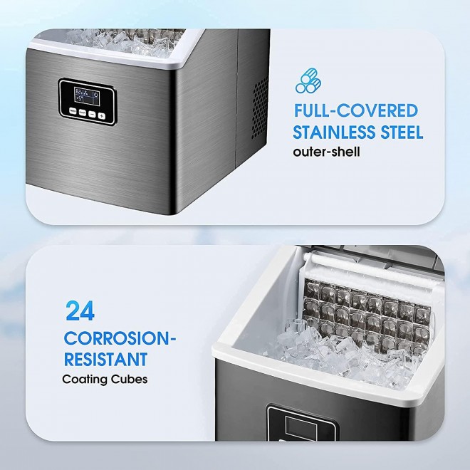 Ice Maker Machine Countertop,40Lbs/24H Auto Self-Cleaning,24 pcs Ice Cube in 13 Mins,Portable Compact Ice Cube Maker,Stainless Steel,With Ice Scoop & Basket,Perfect for Home/Kitchen/Office/Bar (Black)