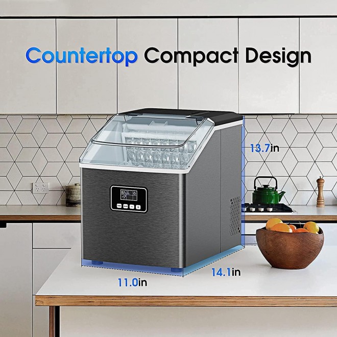 Ice Maker Machine Countertop,40Lbs/24H Auto Self-Cleaning,24 pcs Ice Cube in 13 Mins,Portable Compact Ice Cube Maker,Stainless Steel,With Ice Scoop & Basket,Perfect for Home/Kitchen/Office/Bar (Black)