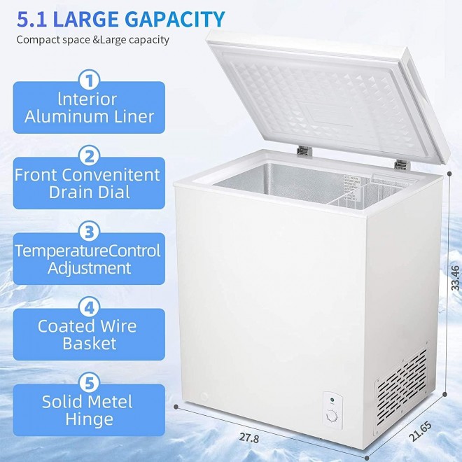 Antarctic Star 5.1 Cu.ft Chest Freezer 6.8¨Hto -4¨Hwith Removable Basket Free Standing Top open Door Compact Freezer with Adjustable 7 Temperature Defrost Water Drain/Power Saving UL Certified (White)