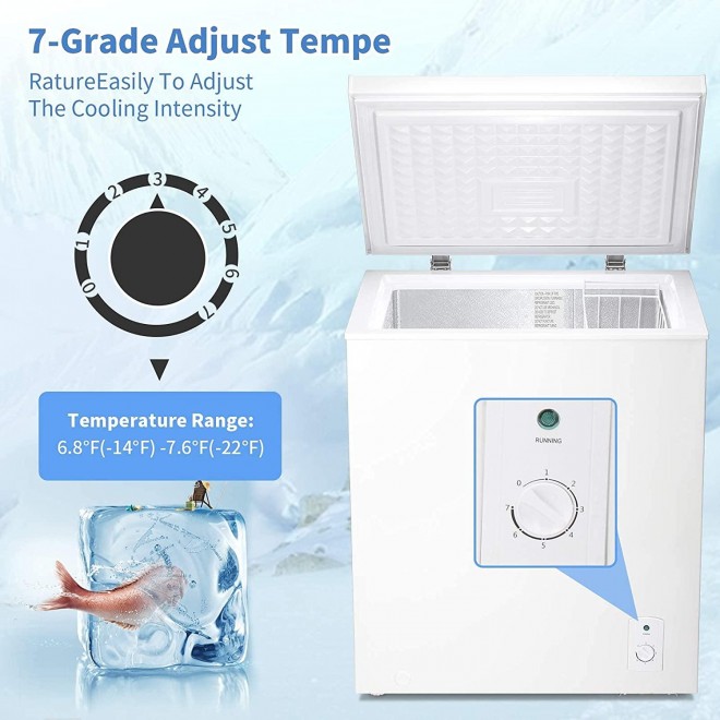 Antarctic Star 5.1 Cu.ft Chest Freezer 6.8¨Hto -4¨Hwith Removable Basket Free Standing Top open Door Compact Freezer with Adjustable 7 Temperature Defrost Water Drain/Power Saving UL Certified (White)