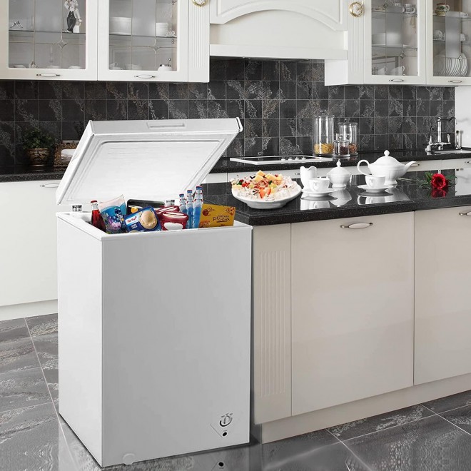 SMETA 3.5 cu ft Chest Freezer, Deep Freezer in Flip-up Lid, Quiet Compact Fridge Freezer, Small & Mini Freezer with Removable Basket, Outdoor Freezer in White