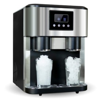 Crushed ice and ice Cube Maker with ice Water Function, Countertop Stainless Steel Ice Cube Machine, Adjustable Ice Size, Including Scoop and Water Supply Kit
