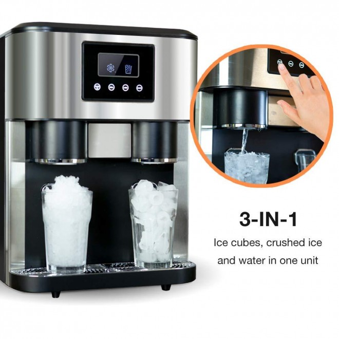Crushed ice and ice Cube Maker with ice Water Function, Countertop Stainless Steel Ice Cube Machine, Adjustable Ice Size, Including Scoop and Water Supply Kit