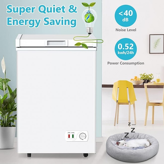 Chest Freezer, 3.5 Cu Ft Compact Deep Freezer With Fast Cooling & Convenient Pulley, Nice For The kitchen Parlor, Small Freezer With Low Noise & Energy Saving, White