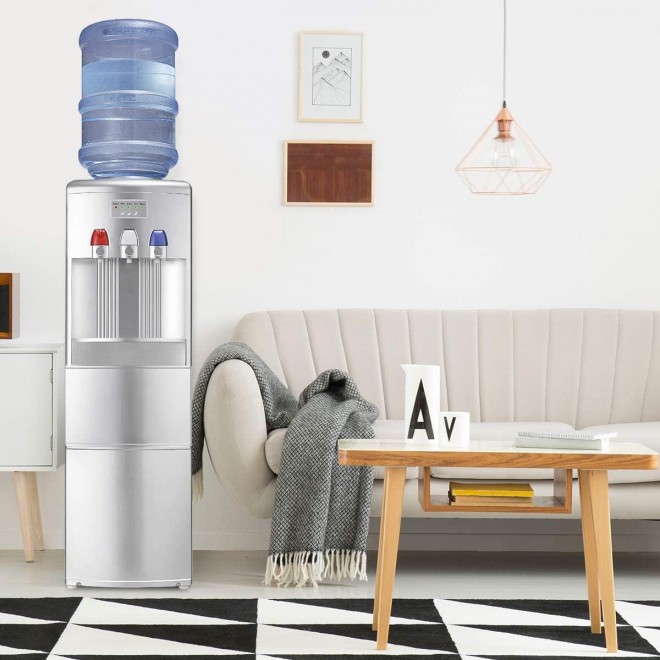 GOFLAME 2 in 1 Water Cooler Dispenser with Built-in Ice Maker Machine, 3 to 5 Gallon Hot and Cold Top Loading Water Dispenser with Control Panel, Child Safety Lock and Removable Drip Tray (Silver)