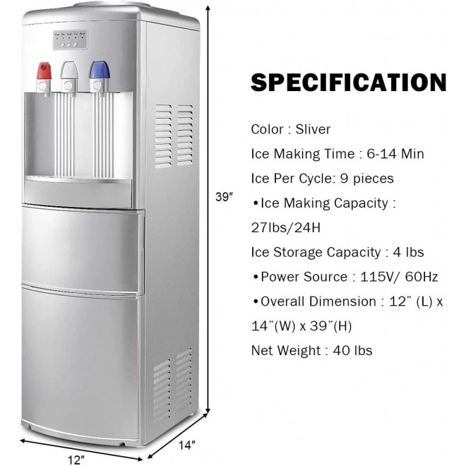 GOFLAME 2 in 1 Water Cooler Dispenser with Built-in Ice Maker Machine, 3 to 5 Gallon Hot and Cold Top Loading Water Dispenser with Control Panel, Child Safety Lock and Removable Drip Tray (Silver)