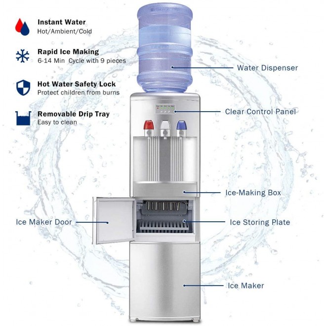 GOFLAME 2 in 1 Water Cooler Dispenser with Built-in Ice Maker Machine, 3 to 5 Gallon Hot and Cold Top Loading Water Dispenser with Control Panel, Child Safety Lock and Removable Drip Tray (Silver)