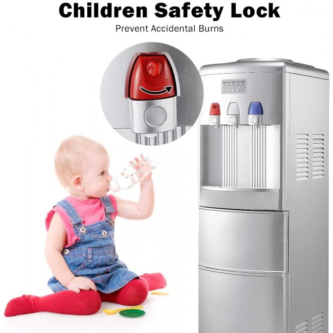 GOFLAME 2 in 1 Water Cooler Dispenser with Built-in Ice Maker Machine, 3 to 5 Gallon Hot and Cold Top Loading Water Dispenser with Control Panel, Child Safety Lock and Removable Drip Tray (Silver)