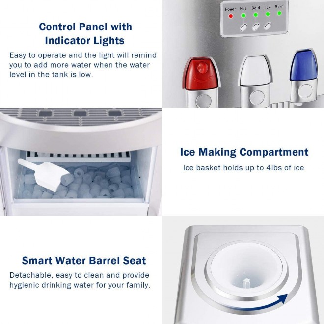 GOFLAME 2 in 1 Water Cooler Dispenser with Built-in Ice Maker Machine, 3 to 5 Gallon Hot and Cold Top Loading Water Dispenser with Control Panel, Child Safety Lock and Removable Drip Tray (Silver)