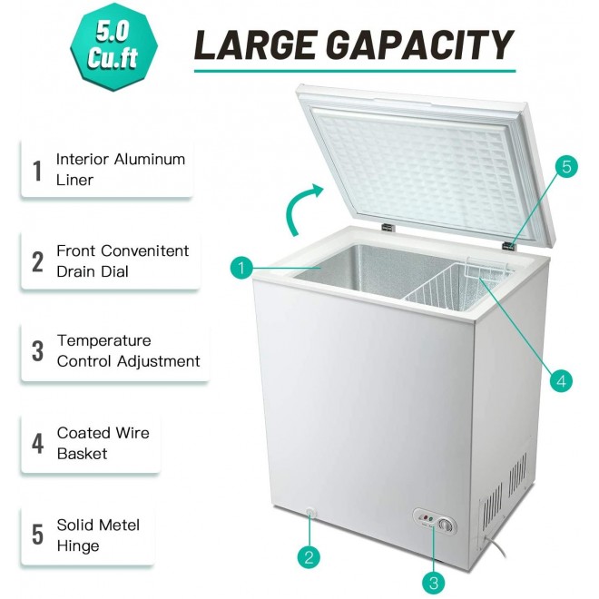 Antarctic Star 5.0 Cu.ft Chest Freezer 6.8℉to -4℉with Removable Basket Free Standing Top open Door Compact Freezer with Adjustable 7 Temperature Defrost Water Drain/Power Saving UL Certified White