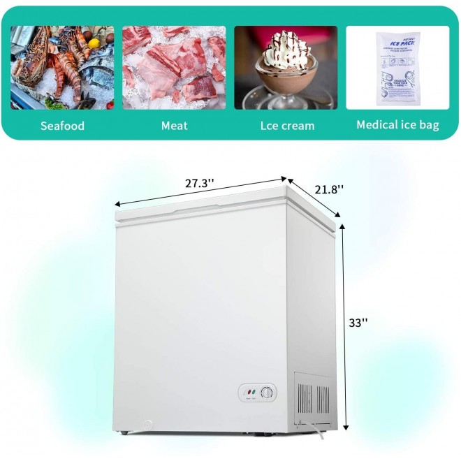 Antarctic Star 5.0 Cu.ft Chest Freezer 6.8℉to -4℉with Removable Basket Free Standing Top open Door Compact Freezer with Adjustable 7 Temperature Defrost Water Drain/Power Saving UL Certified White