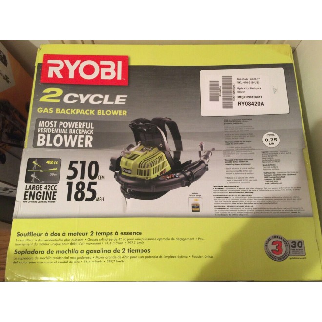NEW- Ryobi RY08420A BP42 185 MPH 510 CFM  Backpack Leaf Blower