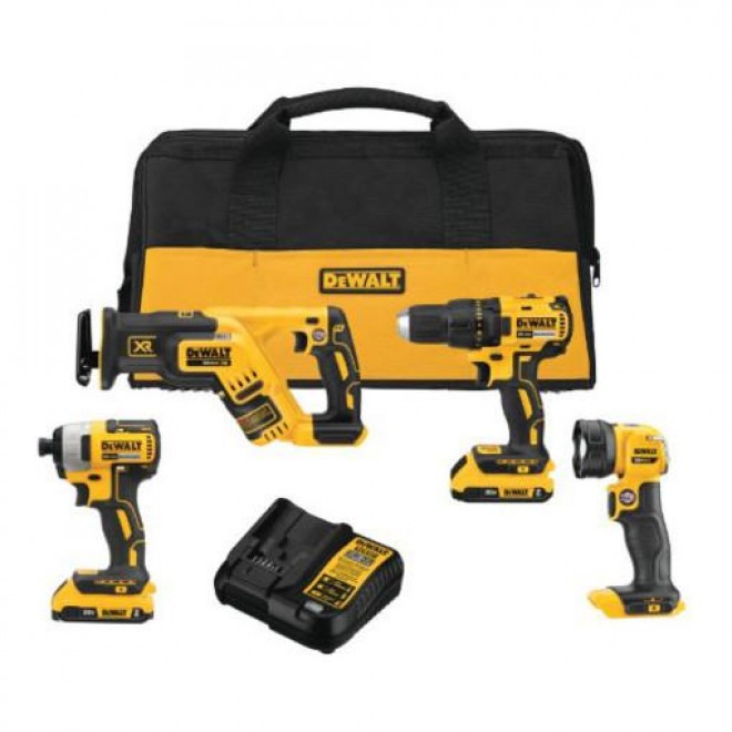 DeWalt DCK476D2 20V Brushless 4-Tool Kit: Impact Driver, Reciprocating Saw, Drill/Driver, Work Light, 2 Batteries and a Charger
