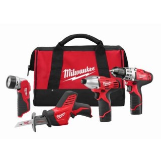 Milwaukee 2498-24 M12 4 - Tool Combo Kit with Drill, Impact, all & Flashlight